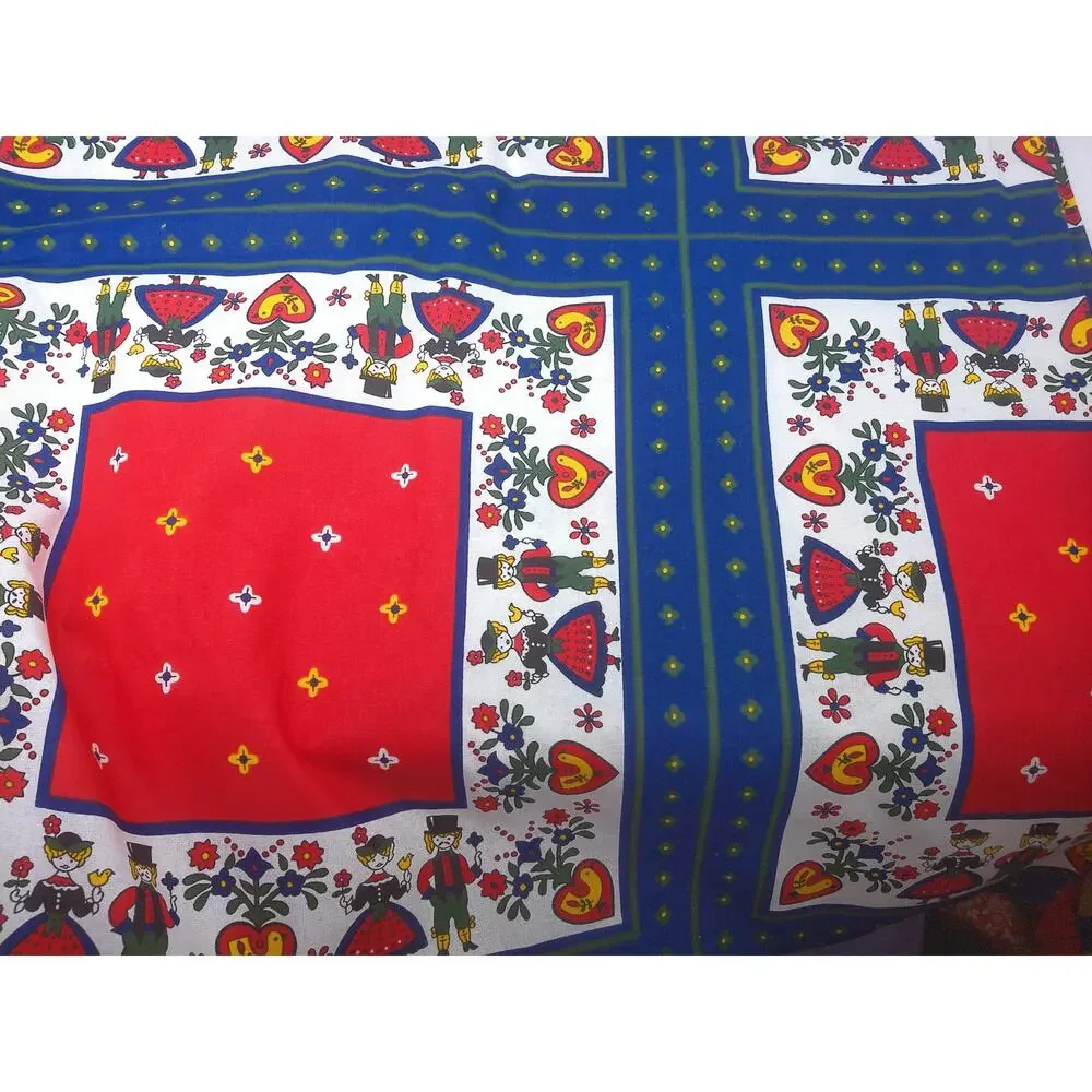 Vintage Kolf Austrian Folklore Cotton Tablecloth 59x79 Red Navy Blue Folk Art